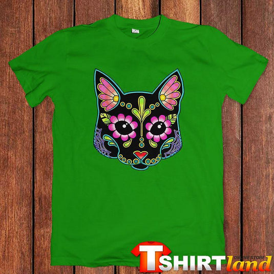 Тениска Cat in Black Skull with Flowers