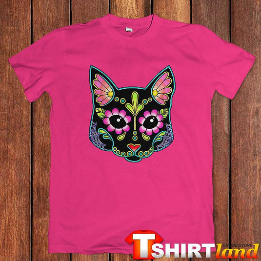 Тениска Cat in Black Skull with Flowers