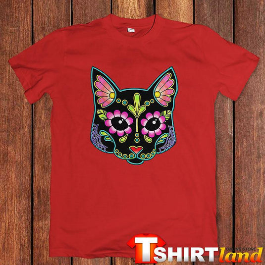 Тениска Cat in Black Skull with Flowers